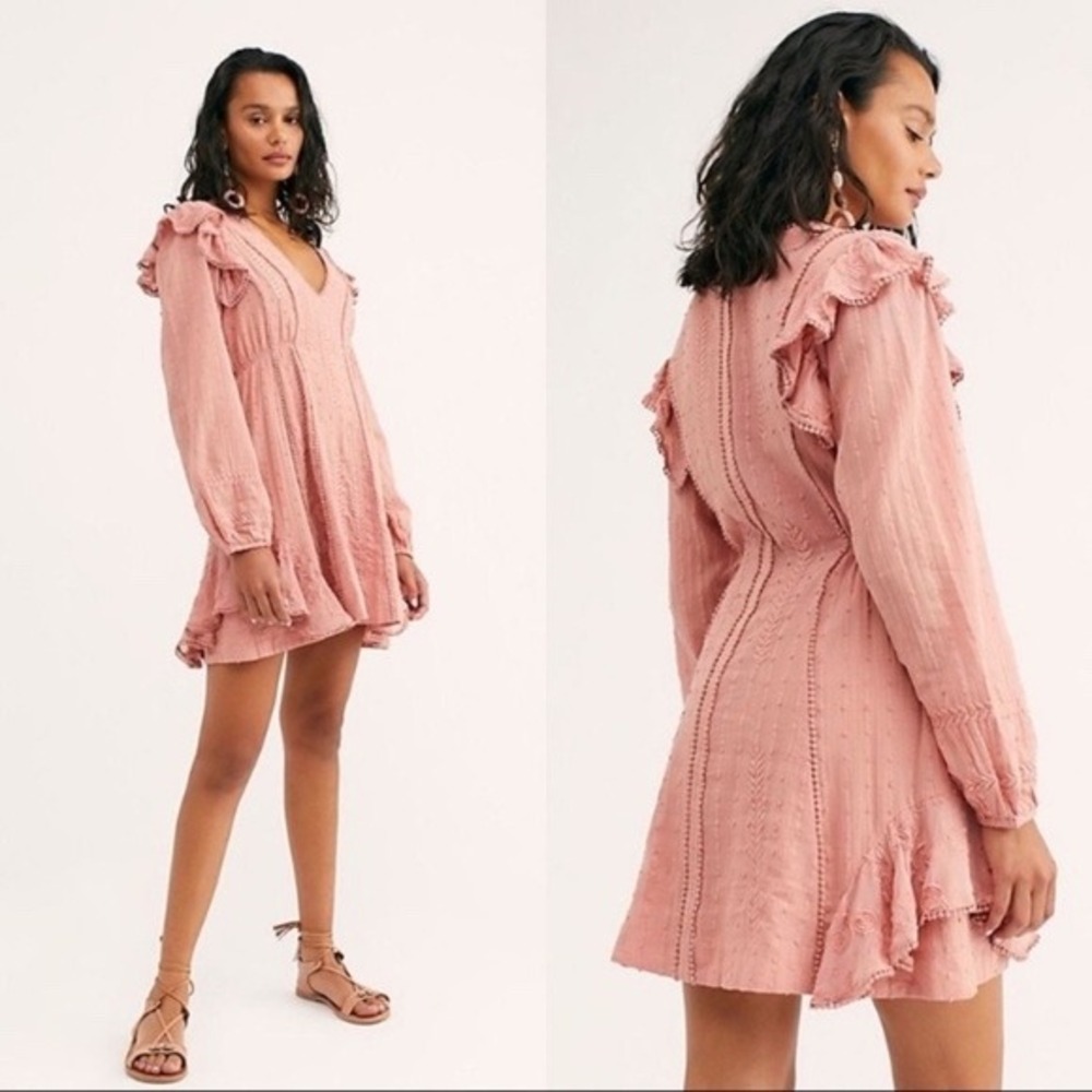 Free People‎ Isabella Pink Ruffle Embroidered Mini Dress Size 6